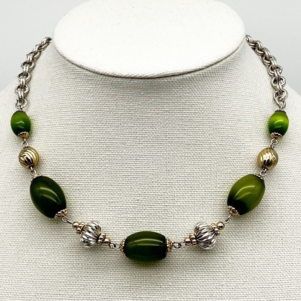 Vintage Green Glass Bead Silver Tone Double Rope Chain  Textured 17” Necklace